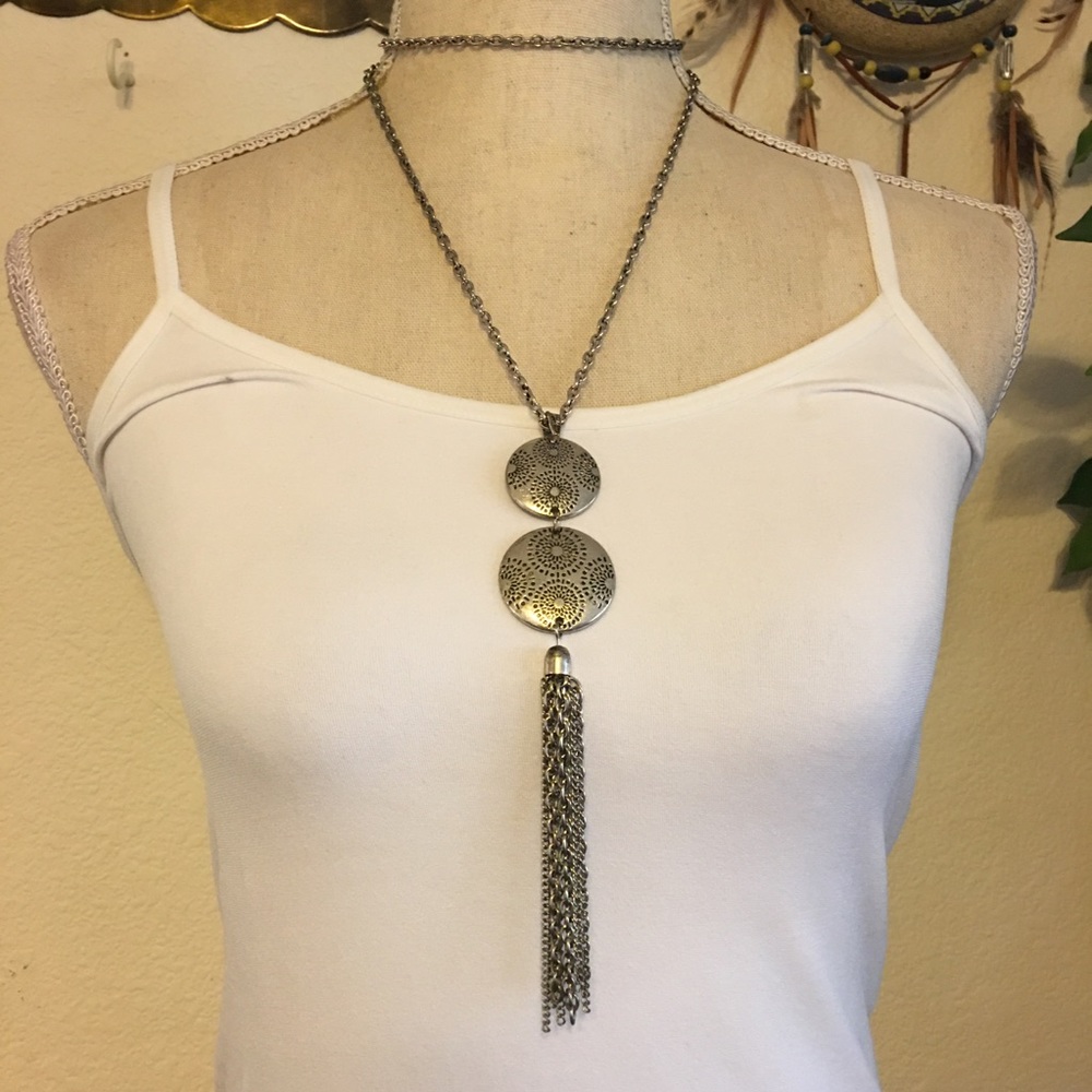 Ruby Road silver tone medallion fringe necklace
